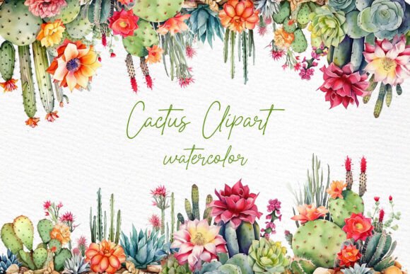 Blooming Cactus Set Desert Plant Clipart for Designers