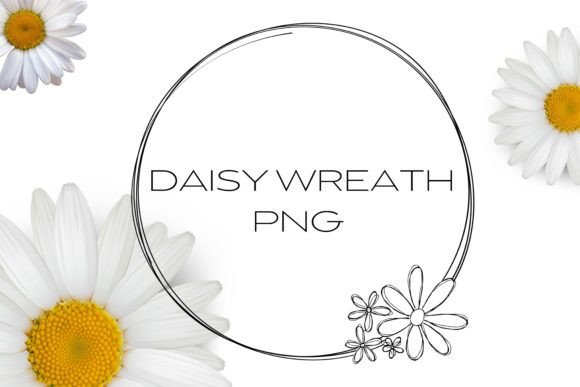 Daisy Floral Wreath PNG Black Monoline for Modern Design