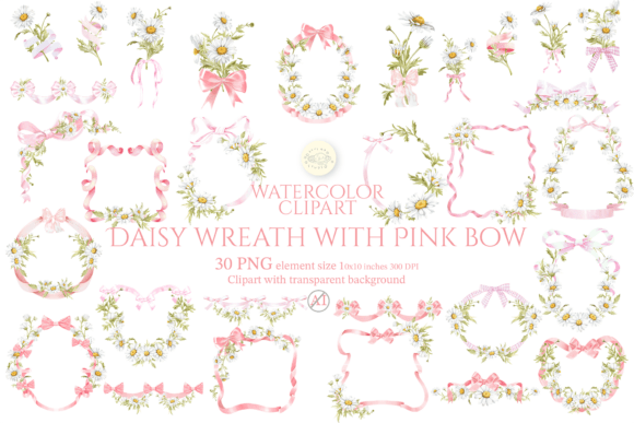 Embrace Soft Elegance: The Daisy Wreath with Pink Bow Clipart Set