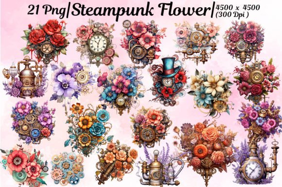 Steampunk Flower Clipart: Industrial Elegance for Your Designs