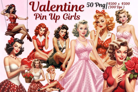 Valentine Pin Up Girl Watercolor Bundle: Vintage Charm for Modern Creators