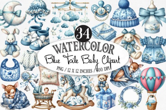Watercolor Blue Toile Baby Clipart: Classic Charm for Modern Projects