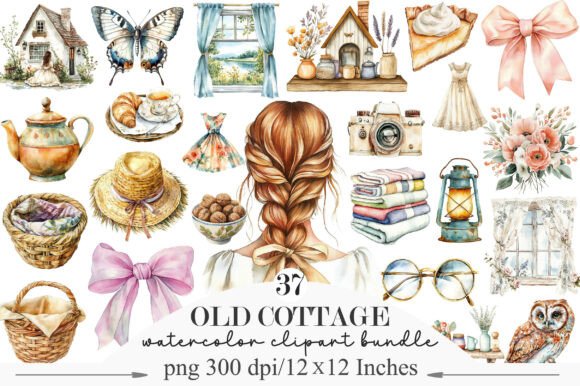 Watercolor Old Cottage Clipart: A Collection of 37 Designs