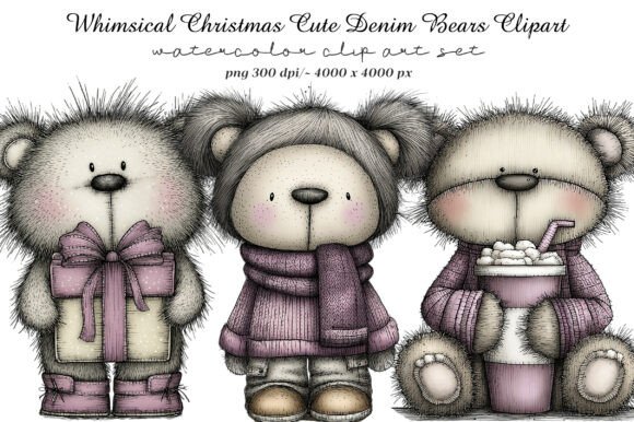 Whimsical Christmas Cute Denim Bears: Festive Design Charm