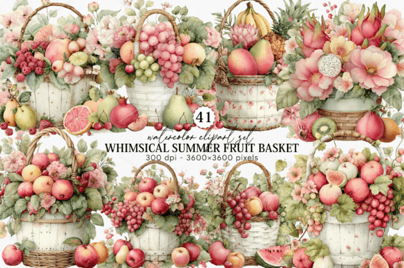 Whimsical Summer Fruit Basket Clipart: Infusing Designs with Watercolor Charm